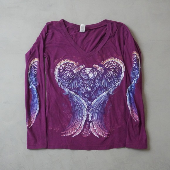 hot leathers Tops - Vintage Y2K V-Neck Long Sleeve Shirt Small Purple Motorcycle Engine Wings Biker